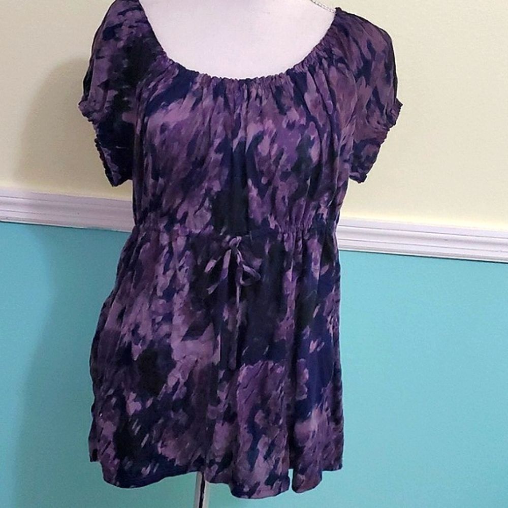 Daisy Fuentes Purple Abstract Tie Dye Cinched Waist Flowy Top